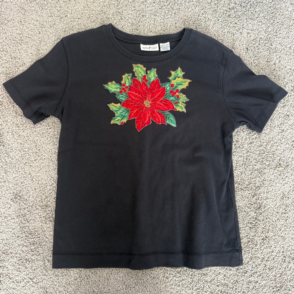 White Stag Womens Christmas Poinsettia Graphic T-Shirt Black Short Sleeve Large